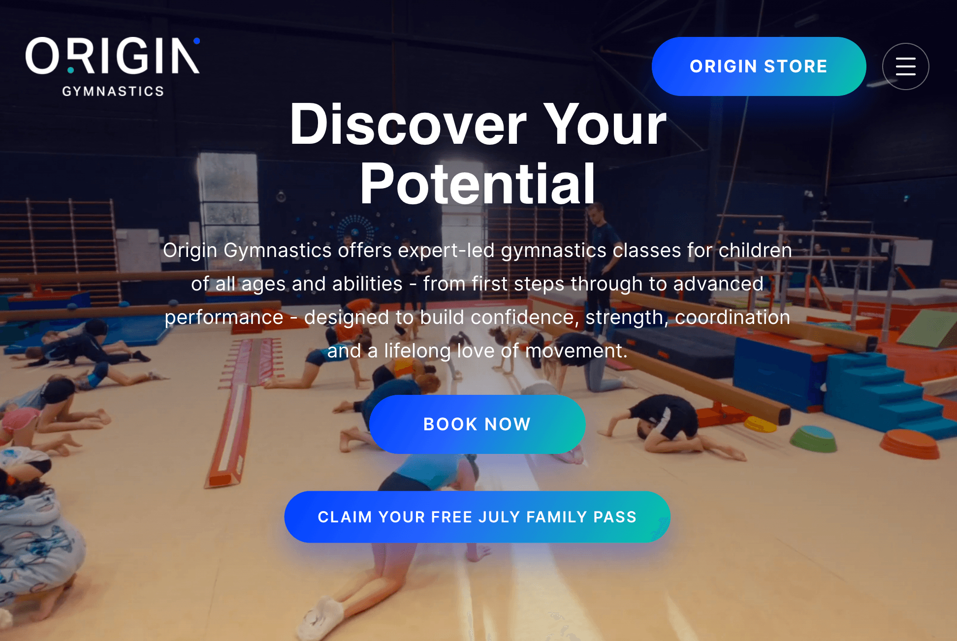 Origin Gymnastics website homepage